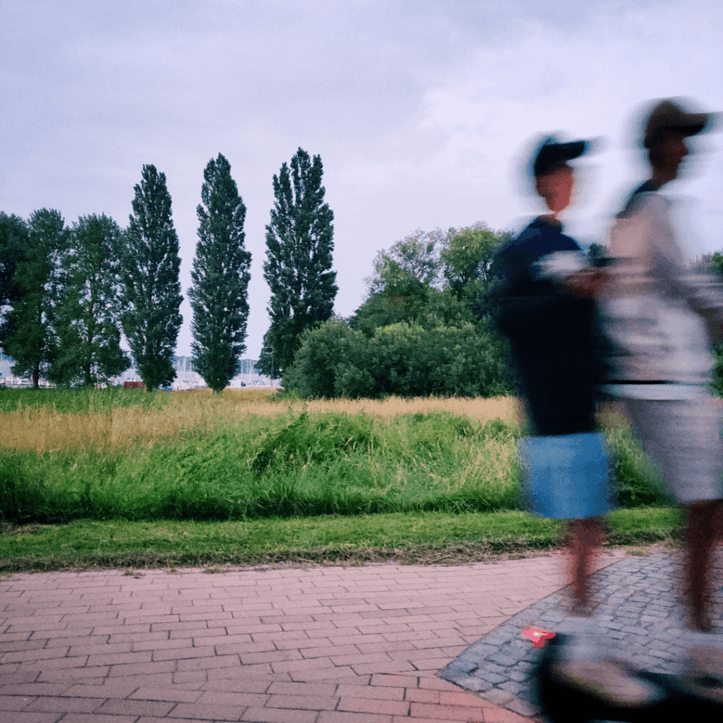 Zwei verschwommene Personen fahren auf einem E-Scooter entlang eines gepflasterten Weges, umgeben von hohen Bäumen und grünen Wiesen unter einem bewölkten Himmel.