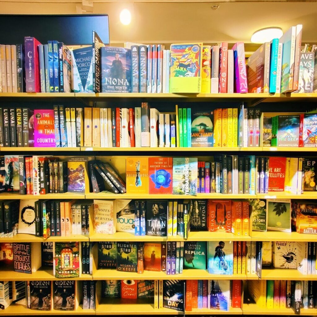 Ein gut gefülltes Bücherregal mit einer Vielzahl von Titeln in unterschiedlichen Farben und Formaten, das sowohl Belletristik als auch Sachbücher zeigt, darunter Werke von bekannten Autoren und aktuelle Bestseller.