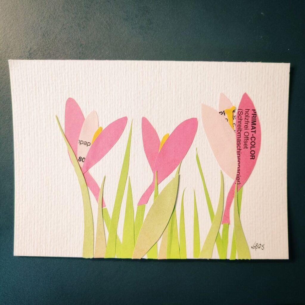 Bunte Papierblumen in Pink und Weiß wachsen aus grünem Gras auf strukturiertem, weißem Hintergrund, wobei einige Blumen Teile von bedrucktem Papier zeigen.