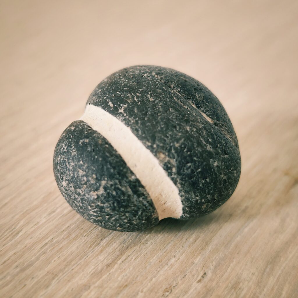 Runde, schwarz-weiße Steinform auf einem hellen Holzuntergrund.